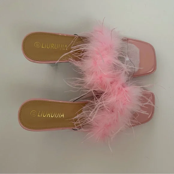 LIURUIJIA Square Toe Feathers High Heel Fur Mules Sandals Size 44 (US 11.5) - Picture 6 of 10